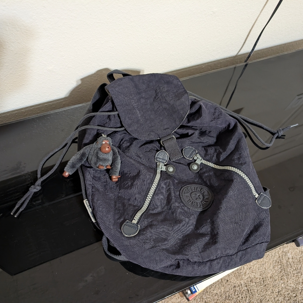 Vintage Kipling Drawstring Flap Backpack Bag Zip … - image 1